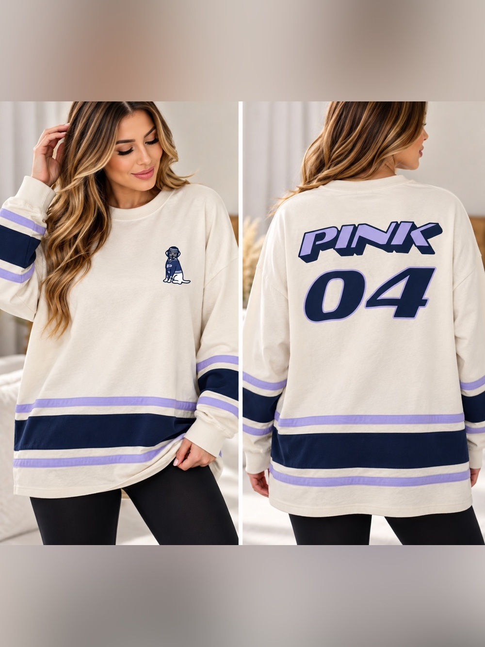 PINK Victoria's Secret Cream Crewneck Sweater with Navy & Lavender Graphics